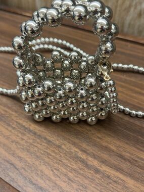 Silver Beaded Mini Shoulder Bag - Metallic Statement Accessory